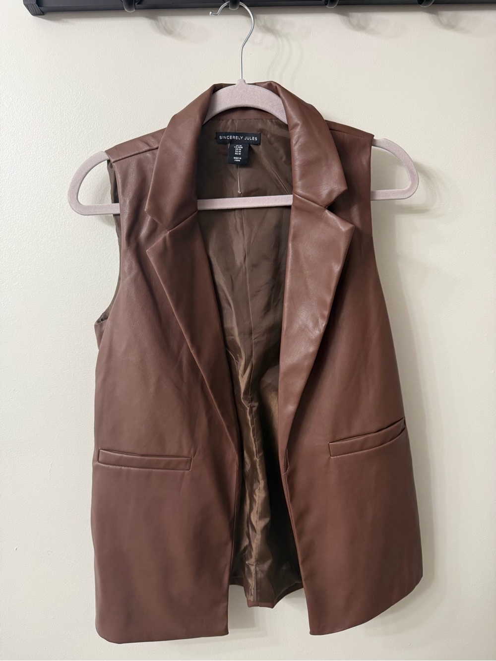 Sincerly Jules Brown Faux-Leather Sleeveless Blazer Vest